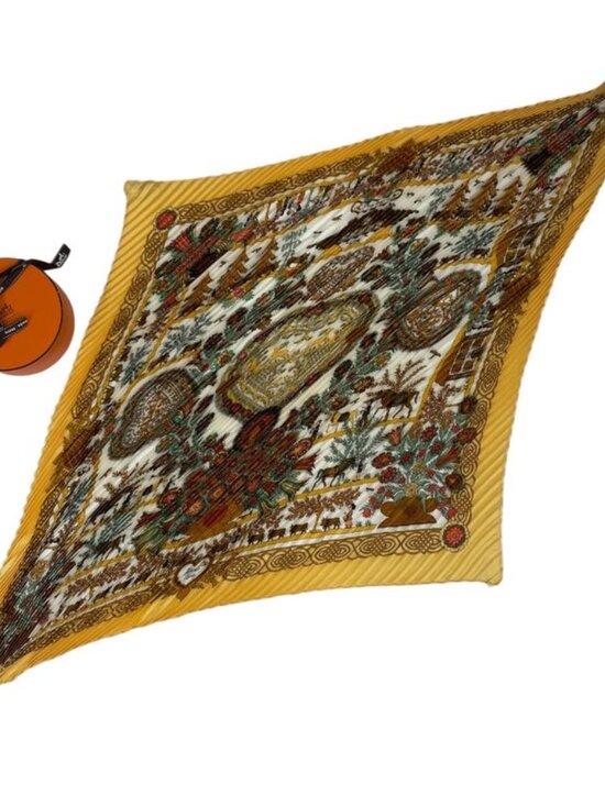 Hermes Accessories - Hermes Scarf Pleated Silk Decoupages Paper Cutting Yellow